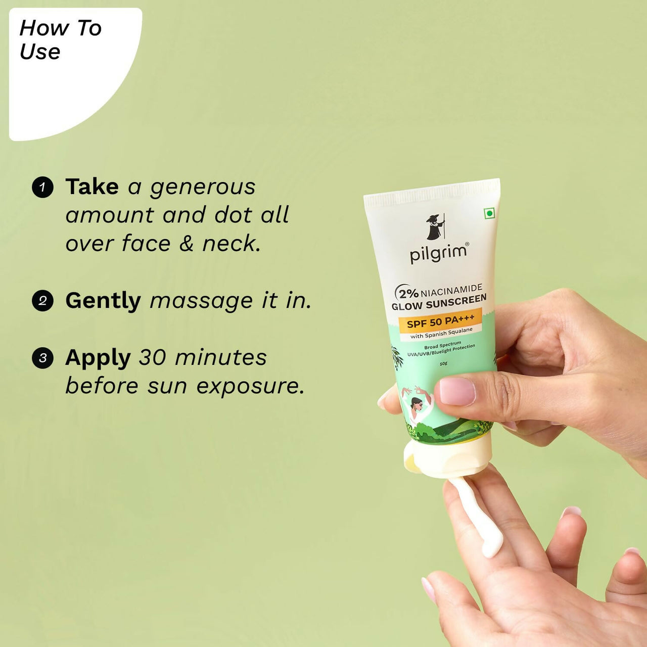 Pilgrim 2% Niacinamide Glow Sunscreen SPF 50 +++ Enhances Glow, Broad spectrum, Non-greasy, No white cast & Prevents Tanning