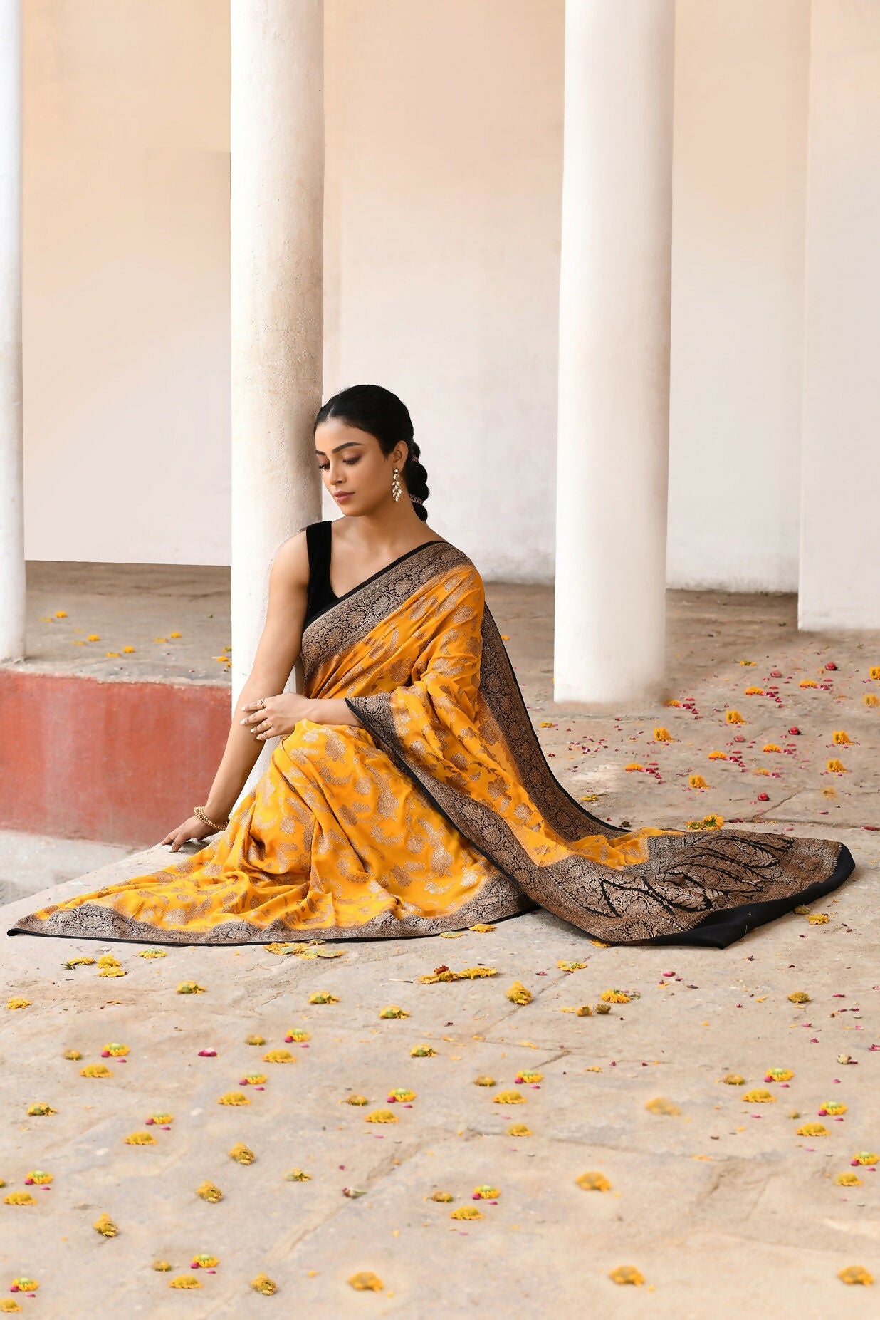 Joban Fashion Yellow Crepe Chiffon Pure Handloom Banarasi Silk Saree