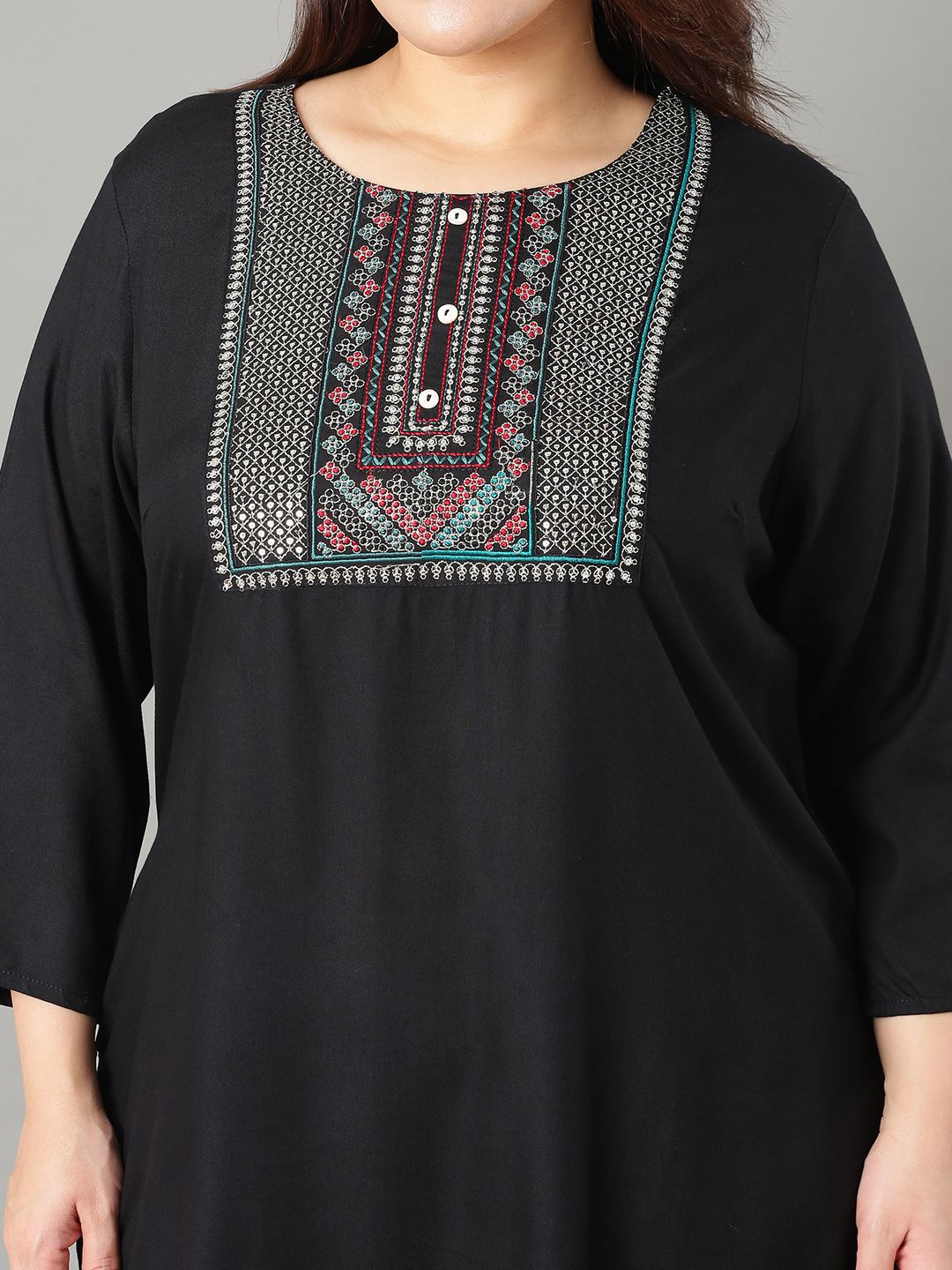 Sztori Plus Size Floral Yoke Design Sequinned Straight Kurta - Distacart