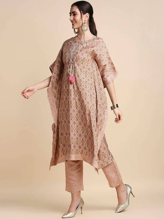 Anubhutee Pink & Brown Printed Kaftan Kurta With Trousers - Distacart