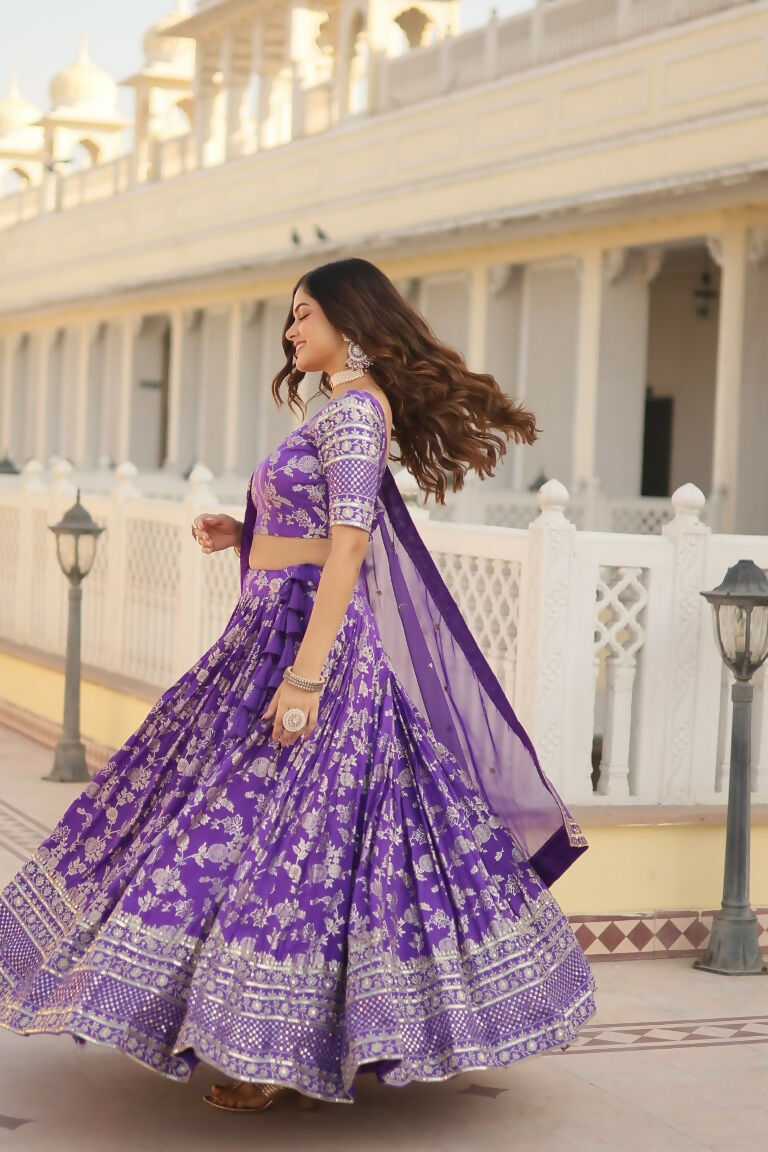 Vastranavya Designer Dyeable Pure Viscose Jacquard Fabric Lehenga Choli & Dupatta Set - Purple - Distacart