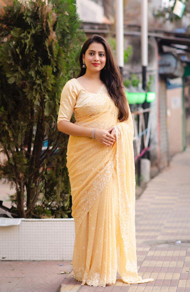 Yellow Pure Chiffon Woven Design Saree with Unstitched Blouse - A2M