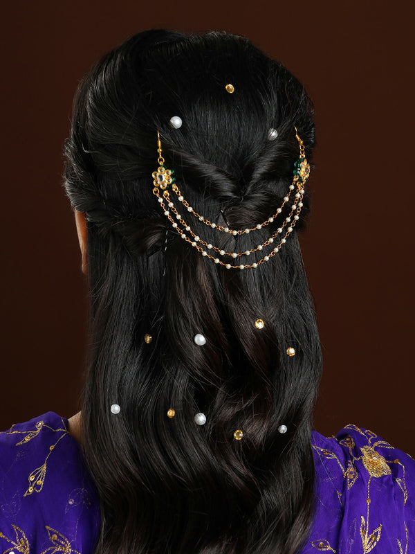 Ruby Raang Gold Green Meenakari & Pearl Hair Jewelry