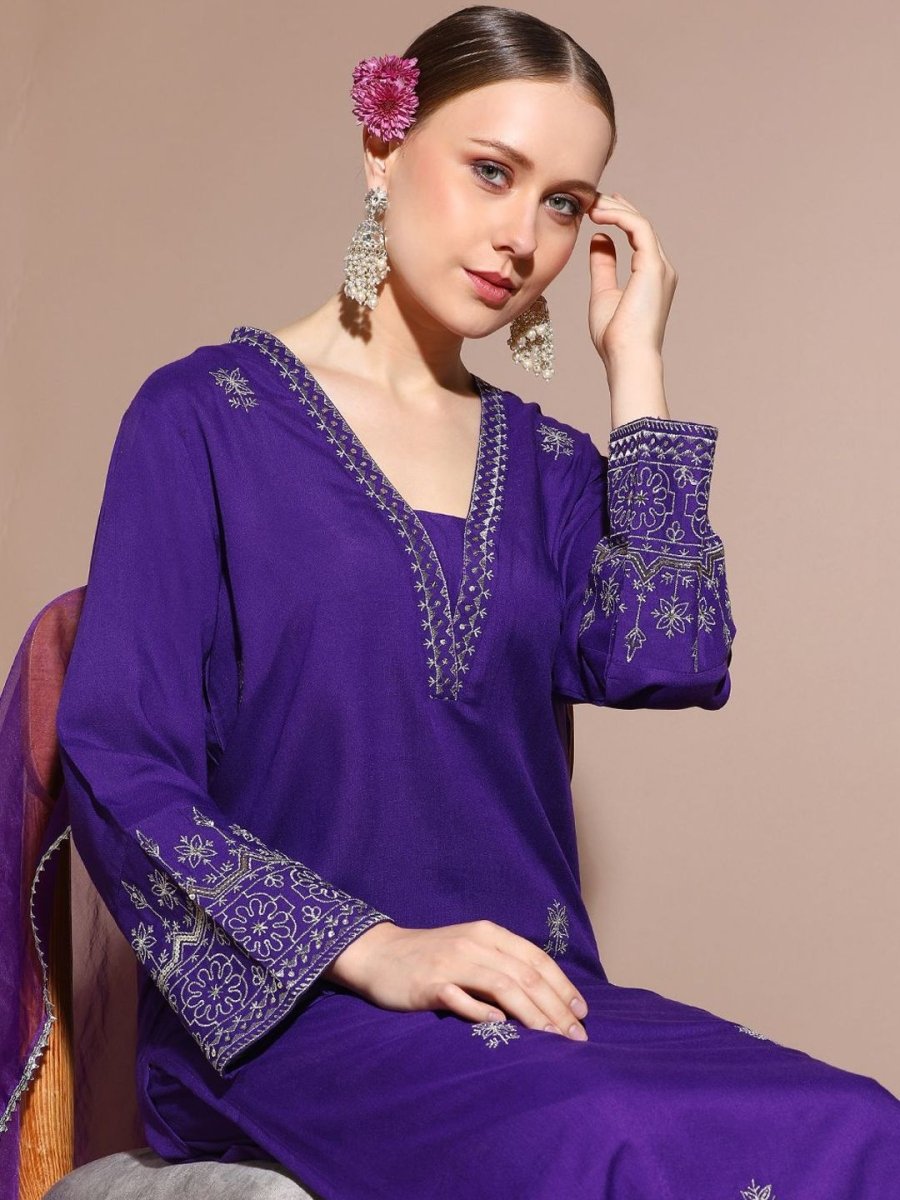 Anouk Floral Embroidered Regular Thread Work Straight Kurta with Palazzos & Dupatta - Distacart