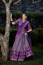 Thumbnail for Vastranavya Floral Print With Foil Print Tussar Silk Lehenga With Unstitched Blouse - Purple - Distacart