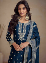 Thumbnail for glamorous-blue-chinon-palazzo-suit-with-intricate-sequins-embroidery-slscc52857466d-b