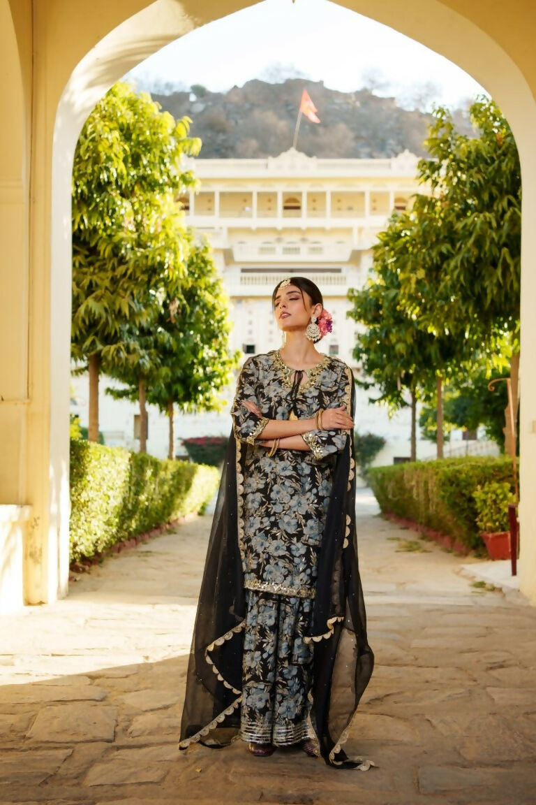 Vaasva Women Navy Blue Muslin Floral & Embroidered Cut Work Kurta ,Sharara & Dupatta set - Distacart