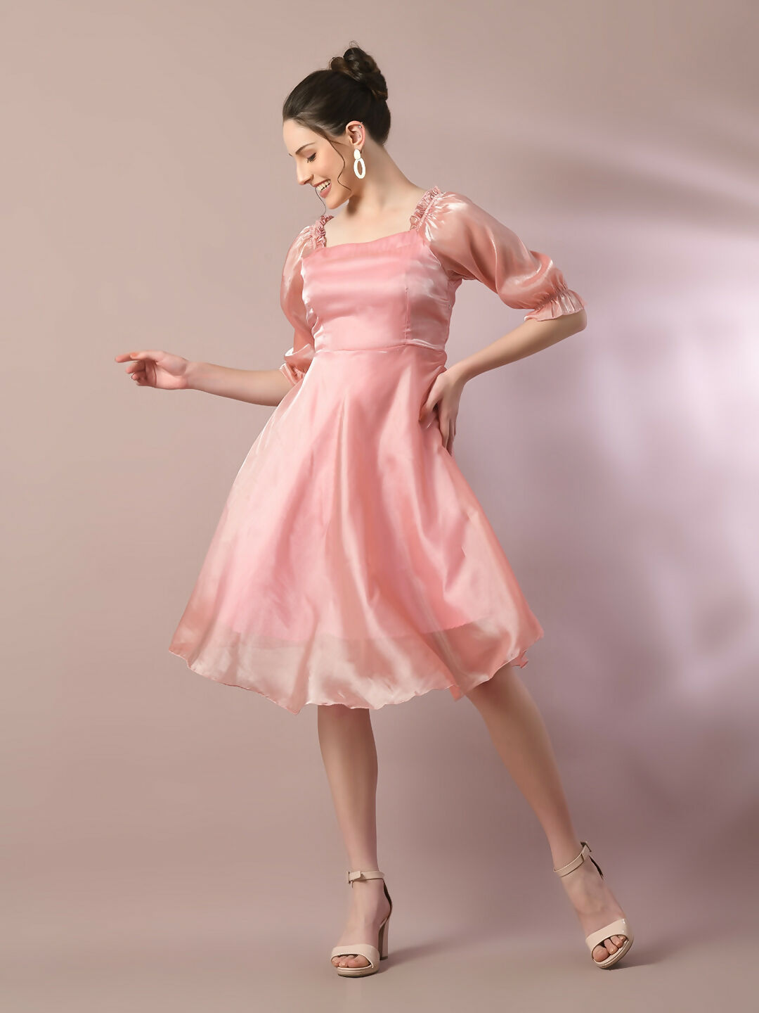 Myshka Women's Pink Solid Square Neck Fit and Flare Party Dress - Distacart