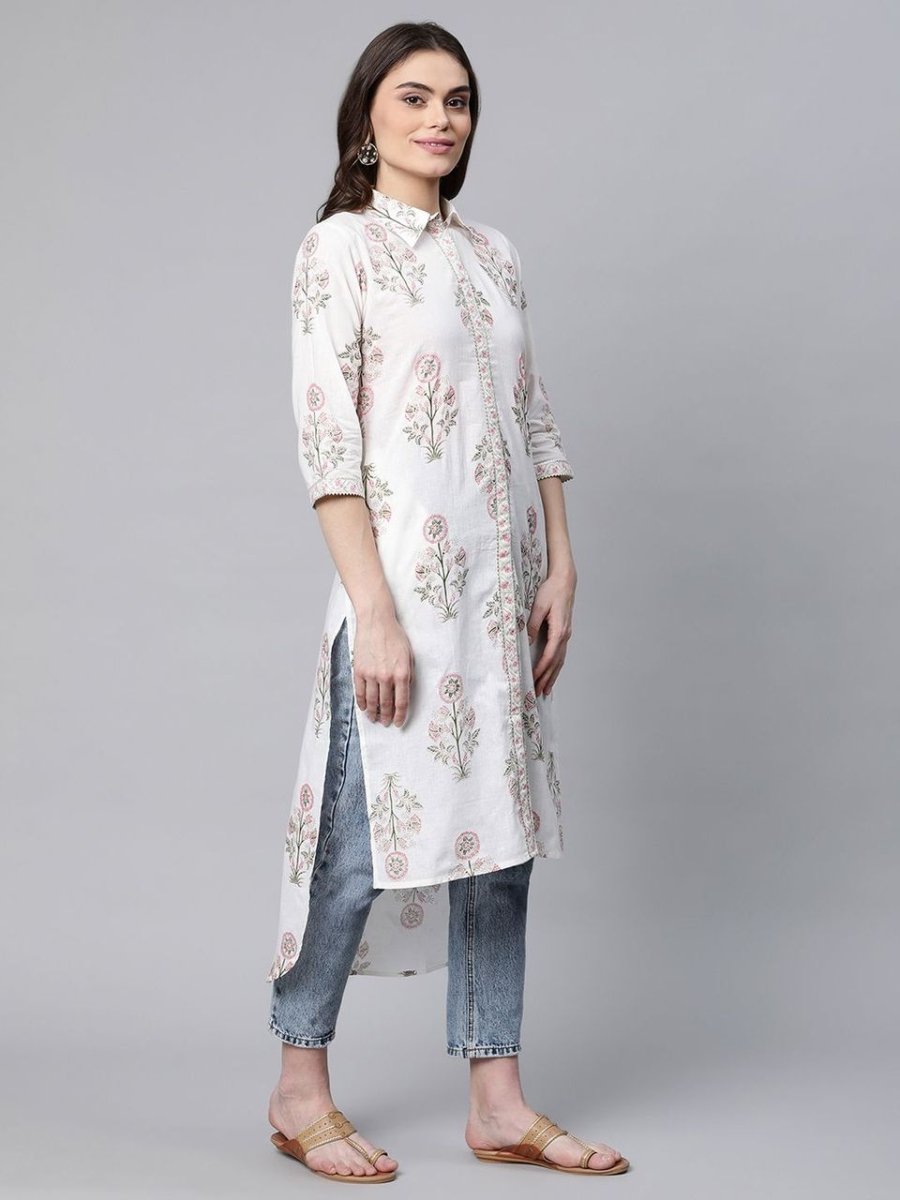 Ahalyaa Women's Off White Pure Cotton Floral Printed Kurta - Distacart