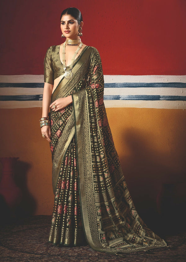 Joban Fashion Green Dull Moss Brasso Saree