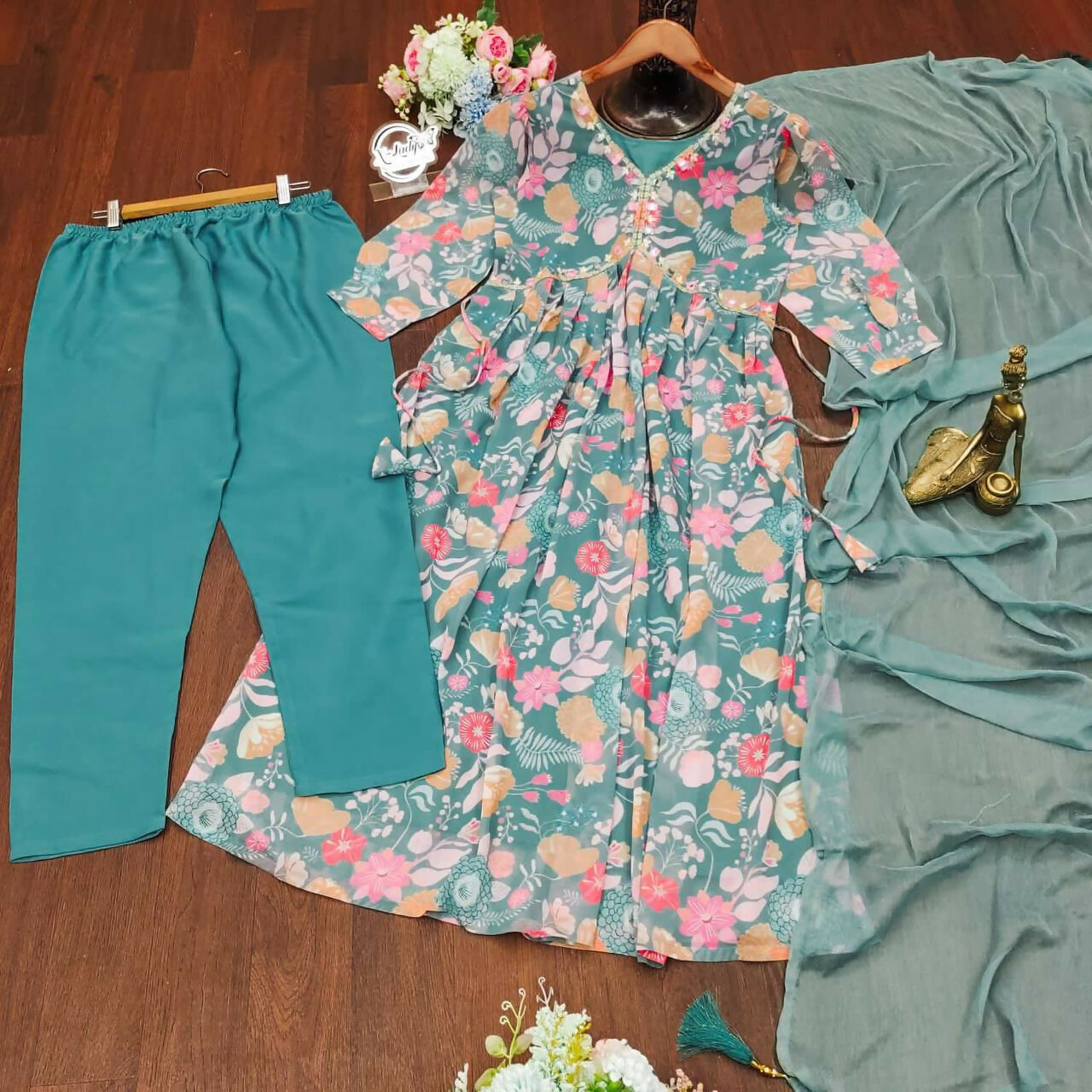 Preksha Creation Designer Fine Cotton Suit Set Full Flared Mugal Print Straight Suit With Dupatta And Pant - Sky Blue