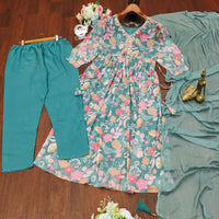 Thumbnail for Preksha Creation Designer Fine Cotton Suit Set Full Flared Mugal Print Straight Suit With Dupatta And Pant - Sky Blue