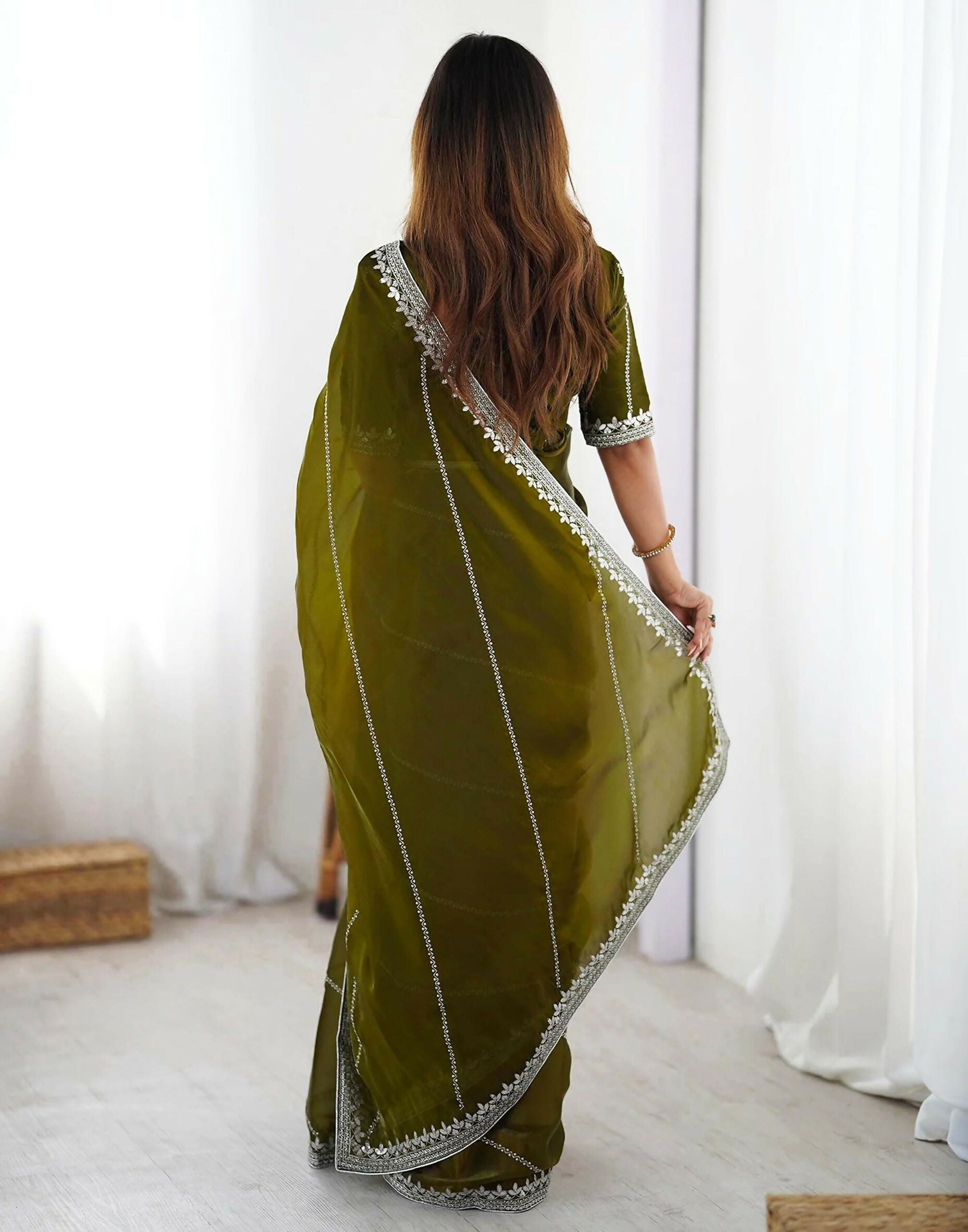 Joban Fashion Tissue Silk Olive Green Color Embroidery Saree