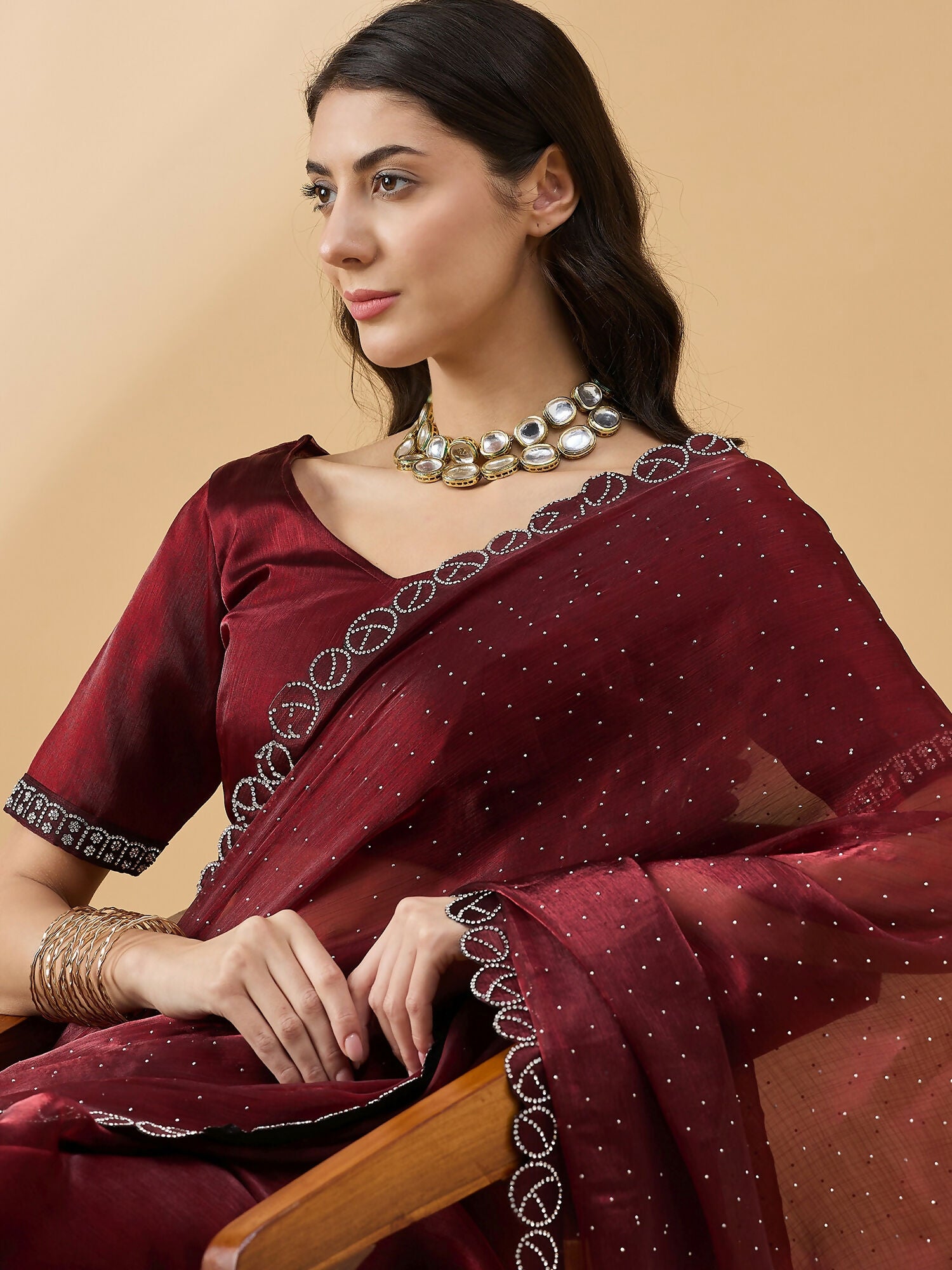 Brown Organza Swaroski Diamond Work Saree with Unstitched Blouse - Radha - Distacart