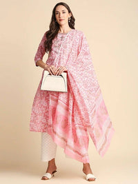 Thumbnail for Anubhutee Pink Ethnic Motifs Printed Pure Cotton Kurta with Palazzos & Dupatta - Distacart