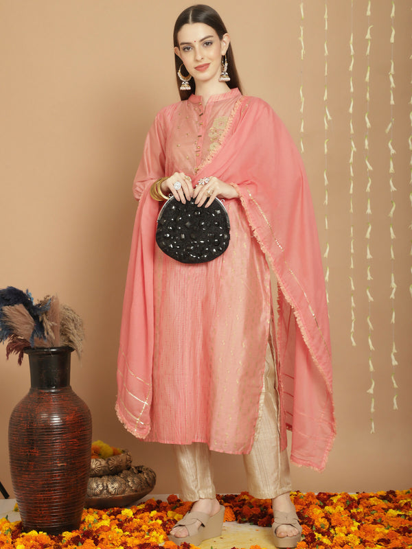Jyoti Fashion Women's Peach Chanderi Silk Elegant Jardoshi Semi Kurta with Trouser & Dupatta - Distacart