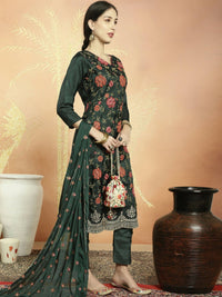Thumbnail for Aastha Fashion Women's Green Upada Silk Floral Resham Thread Kurta with Trouser & Dupatta - Distacart