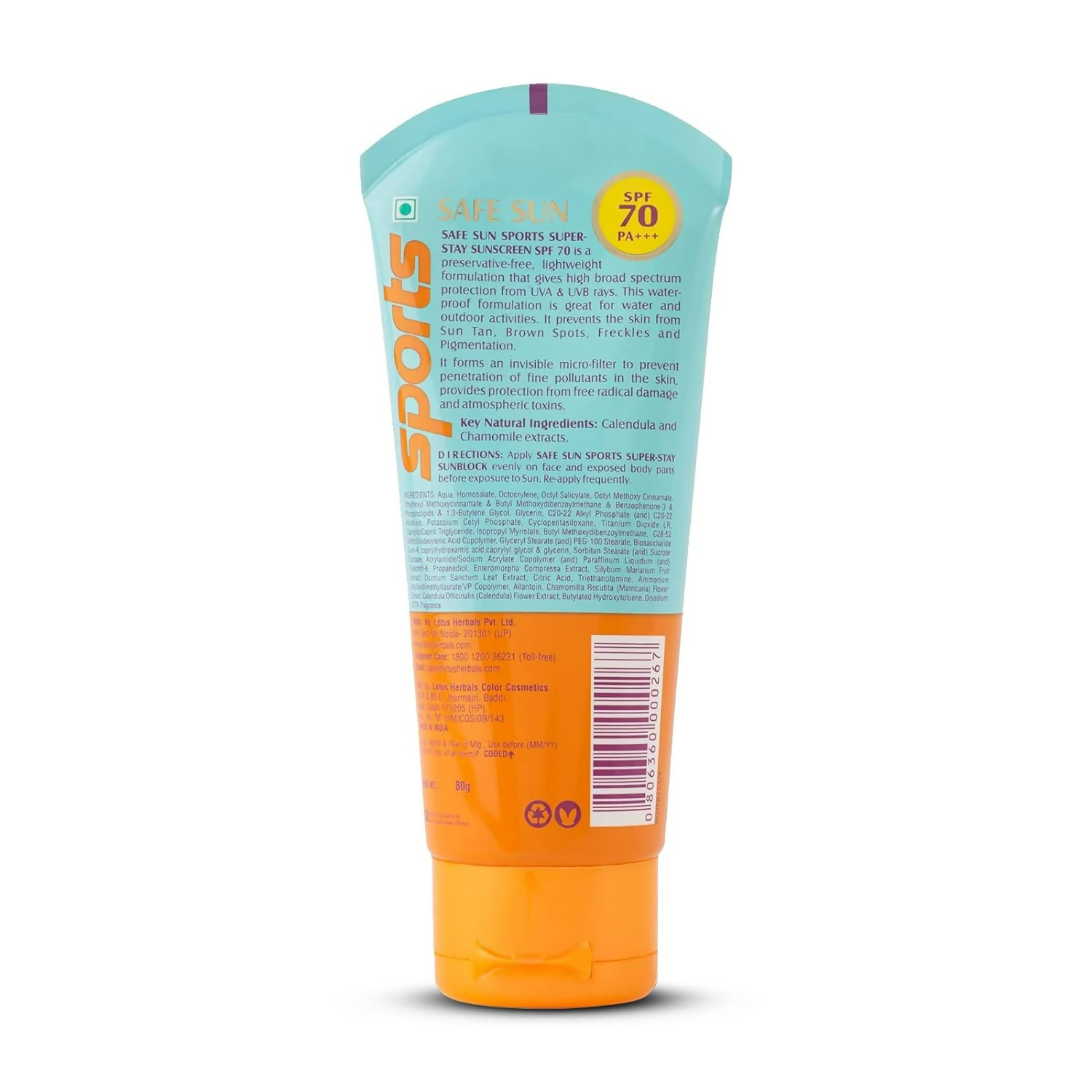 Lotus Herbals Safe Sun Sports Super Stay Sunscreen Cream SPF 70 PA+++ - Distacart