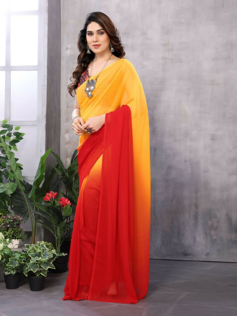 Partywear Designer Yellow & Red Georgette Fancy Saree - Satrangi