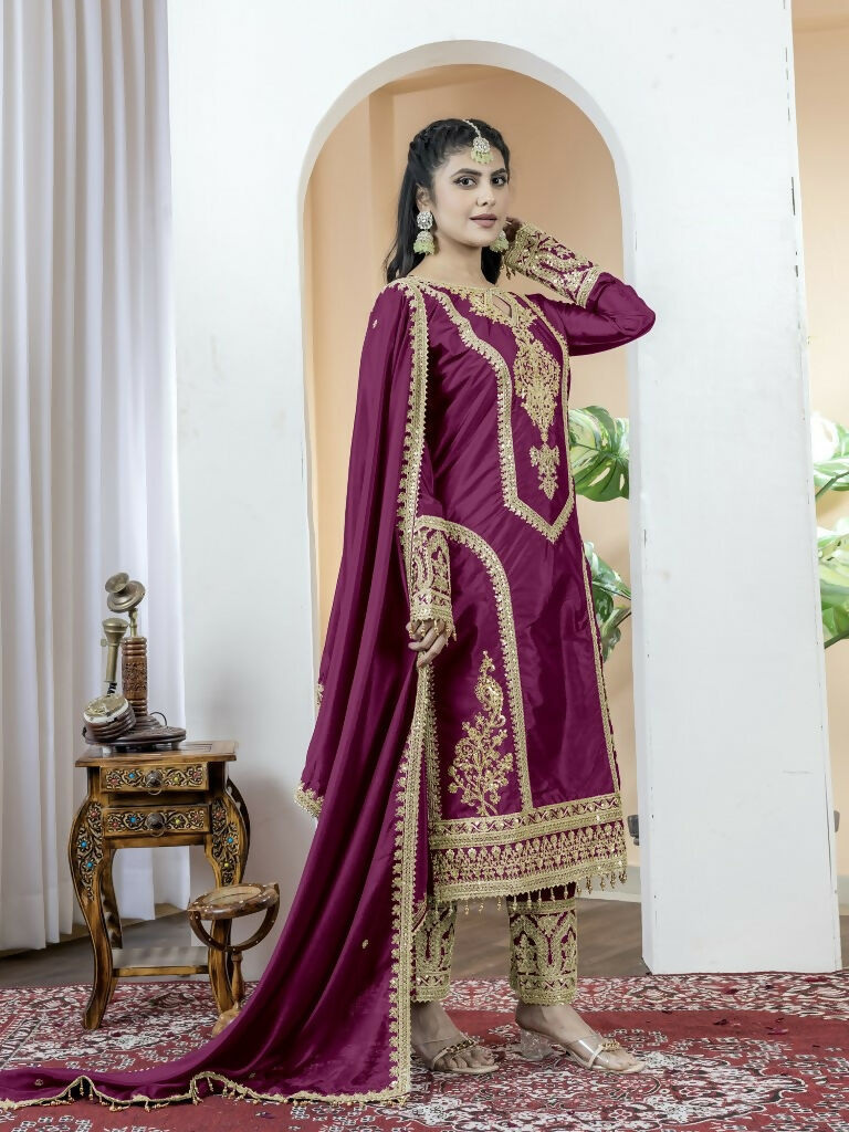 Teeya Creation Wine Color Chinnon Silk Embroidery Work Fully Stitched Salwar Suit