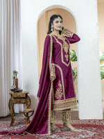 Thumbnail for Teeya Creation Wine Color Chinnon Silk Embroidery Work Fully Stitched Salwar Suit