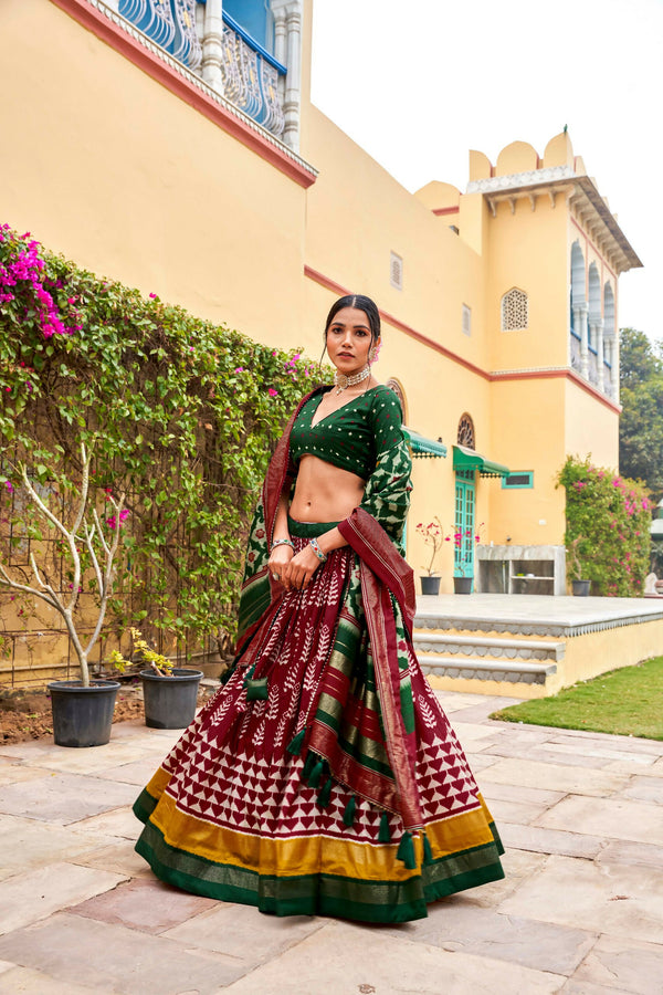 Vastranavya Printed and Foil Work Tussar Silk Lehenga with Unstitched Blouse - Maroon - Distacart
