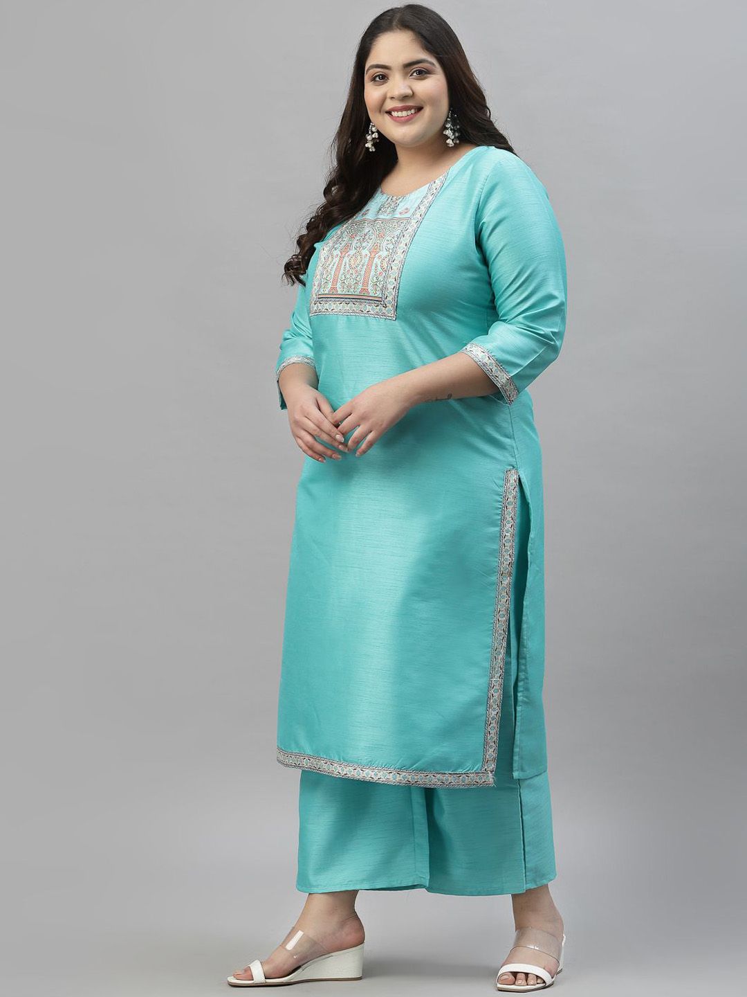 Sztori Plus Size Ethnic Motifs Yoke Design Straight Kurta With Palazzos - Distacart