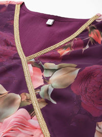 Thumbnail for Ahalyaa Women Floral Printed Angrakha Kurta with Palazzos - Burgundy Color - Distacart