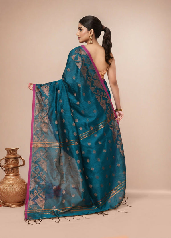 Joban Fashion Aqua Blue Cotton Blend Handloom Saree