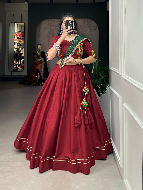 Vastranavya Navaratri Special Pure Cotton Plain With Gotta Patti Touch Up Lehenga Stitched Choli - Maroon - Distacart