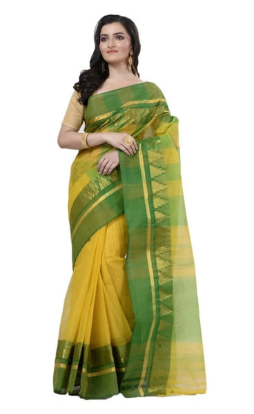 Exclusive Collection Yellow Green 100% Pure Cotton Tant Saree