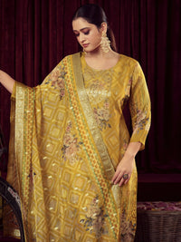 Thumbnail for Aastha Fashion Women's Mustard Organza Jacquard Woven Kurta with Trouser & Dupatta - Distacart