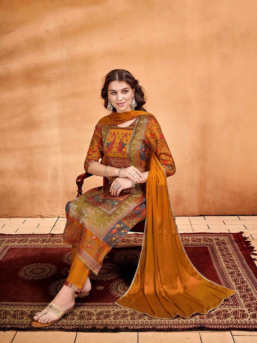 Anouk Ethnic Motifs Printed Mirror Work Pure Silk Straight Kurta with Trousers & Dupatta - Distacart