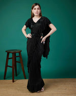 Thumbnail for Black Imported Crush Solid Ready to Wear Saree with stitched Blouse - Aayan - Distacart