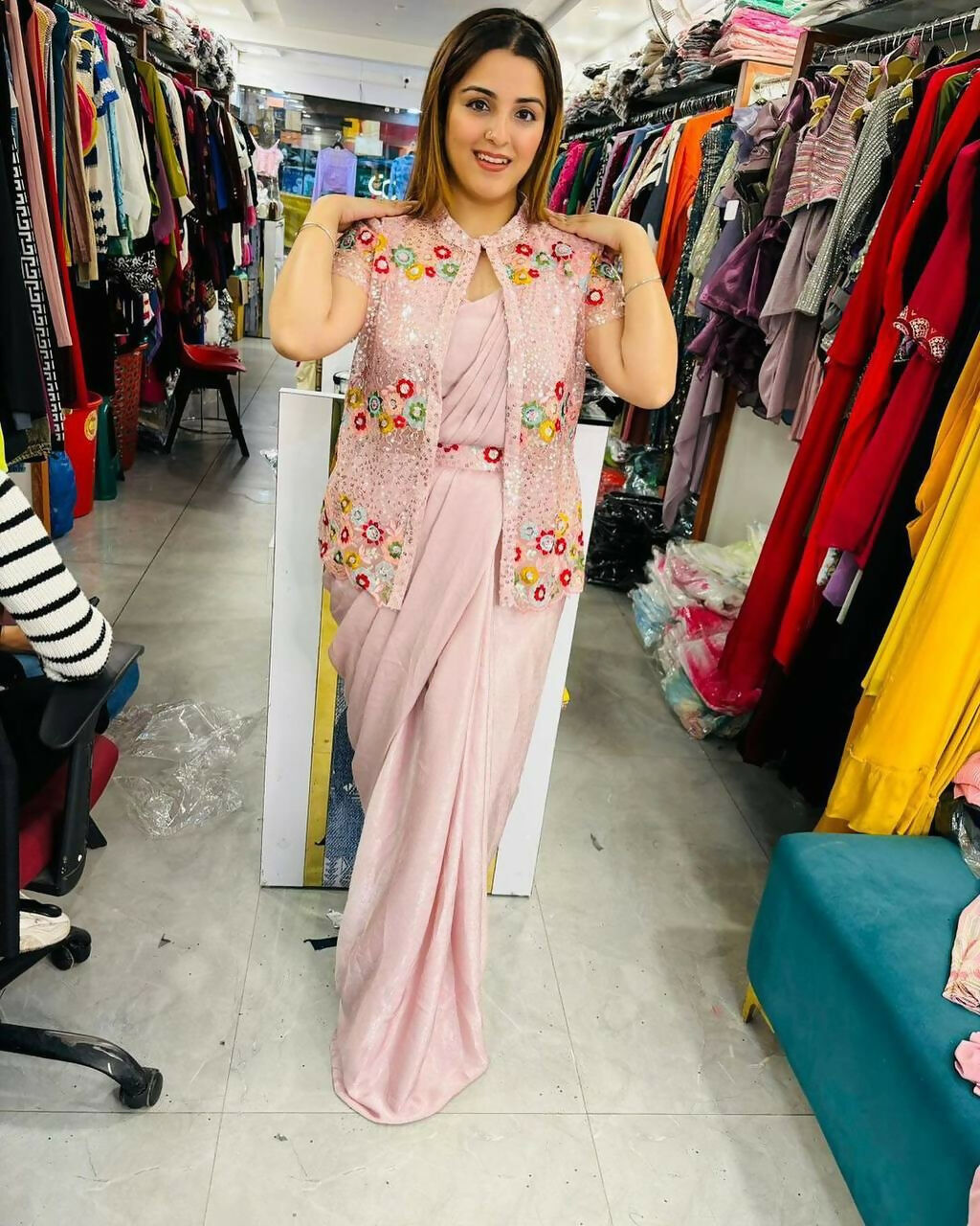 Preksha Creation New Fancy Ready To Wear Saree With Sequence Embroidery Work Koti And Full stitched Blouse - Light Pink - Distacart