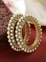 Thumbnail for NVR Women's Set Of 2 Gold-Polished Kundan-Studded & Pearls-Beaded Bangles - Distacart