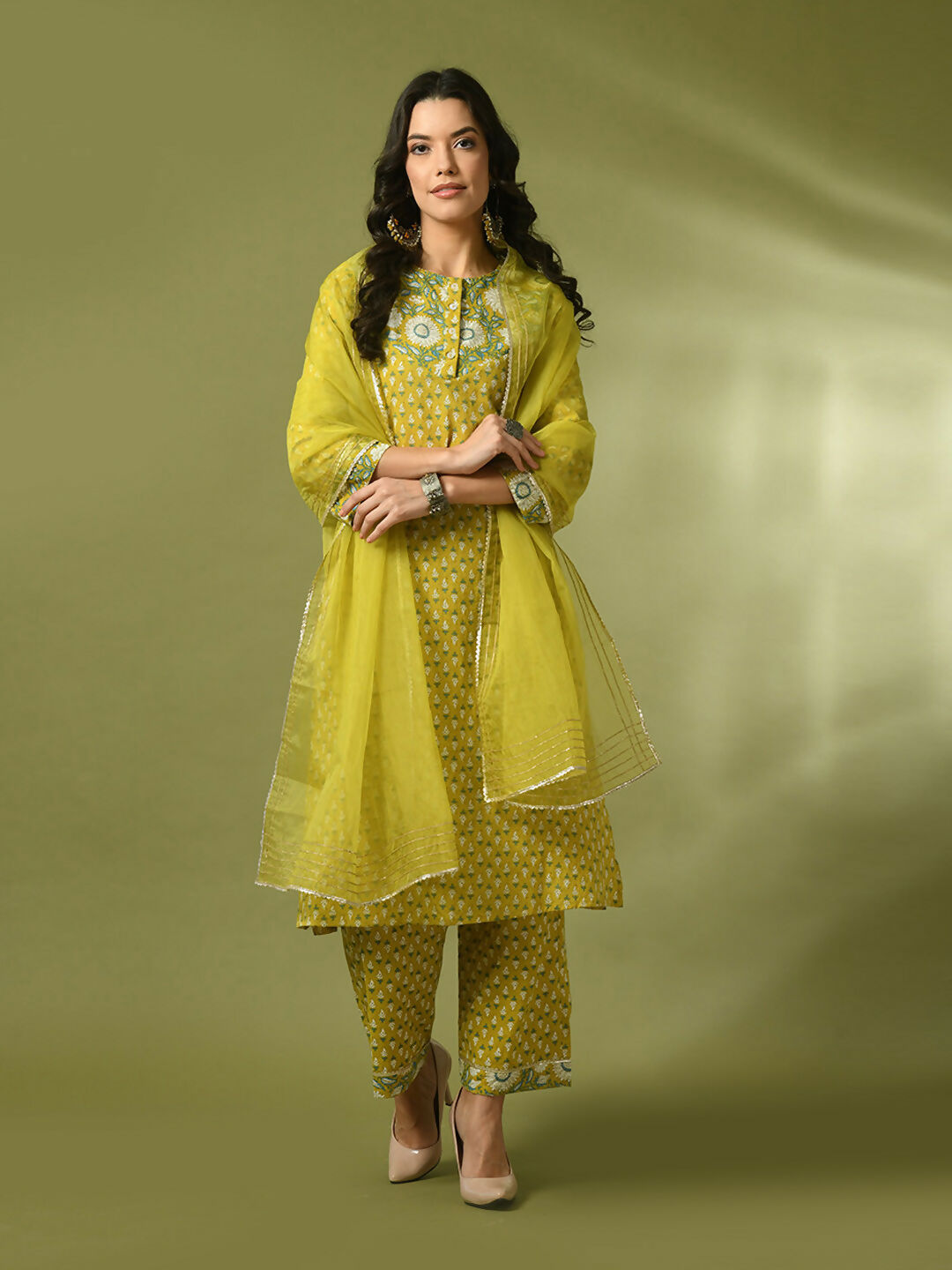 Myshka Women's Yellow Printed Cotton Straight Party Kurta Set With Dupatta - Distacart