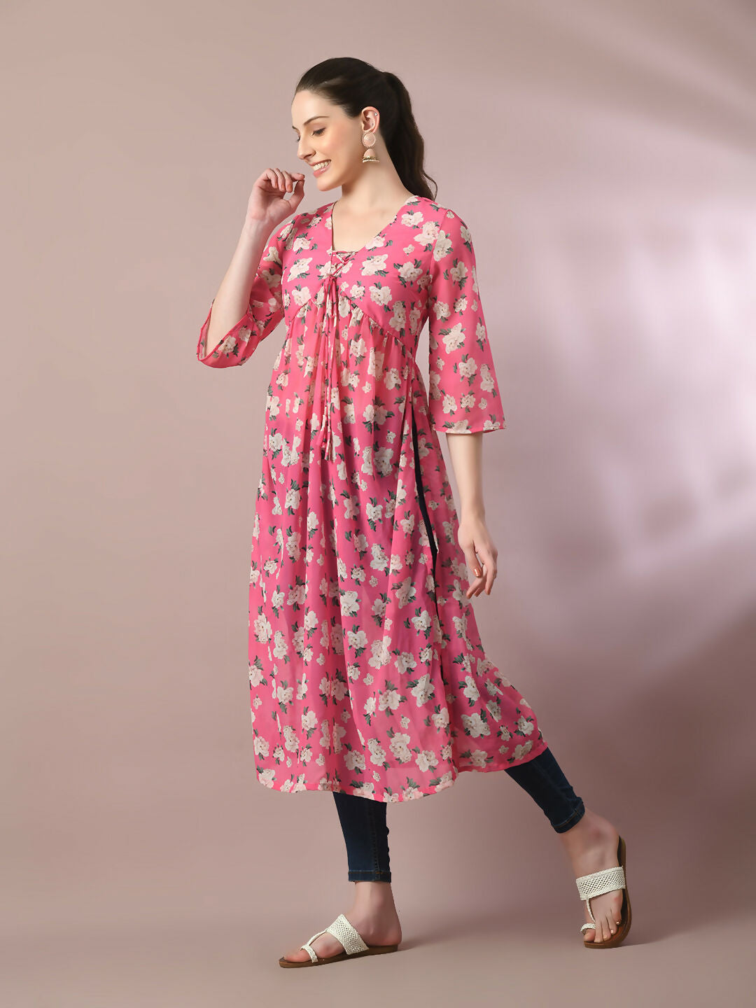 Myshka Women's Pink Printed Georgette A-Line Nyra-cut Kurta - Distacart