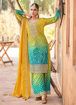 Thumbnail for Vegaa Fashion Yellow Premium Chinon Embroidered Palazzo Suit