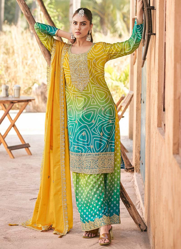 Vegaa Fashion Yellow Premium Chinon Embroidered Palazzo Suit