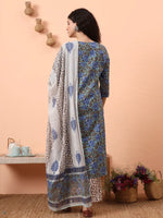 Thumbnail for Yufta Rama Green And Blue Floral Sequins Work Straight Kurta Trouser Dupatta Set - Distacart
