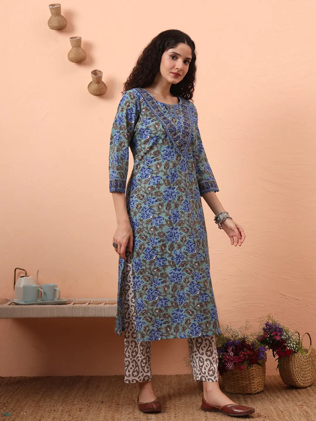 Yufta Rama Green And Blue Floral Sequins Work Straight Kurta Trouser Dupatta Set - Distacart