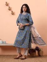 Thumbnail for Yufta Rama Green And Blue Floral Sequins Work Straight Kurta Trouser Dupatta Set - Distacart
