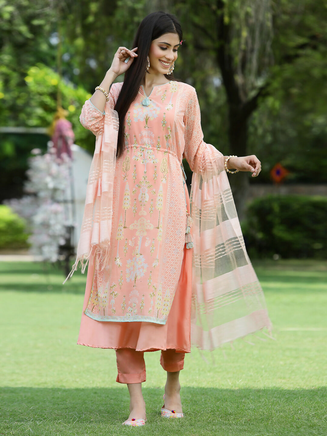 Juniper Orange Ethnic Motif Printed Georgette Kurta Pants & Dupatta Set With Tassels & Lace - Distacart