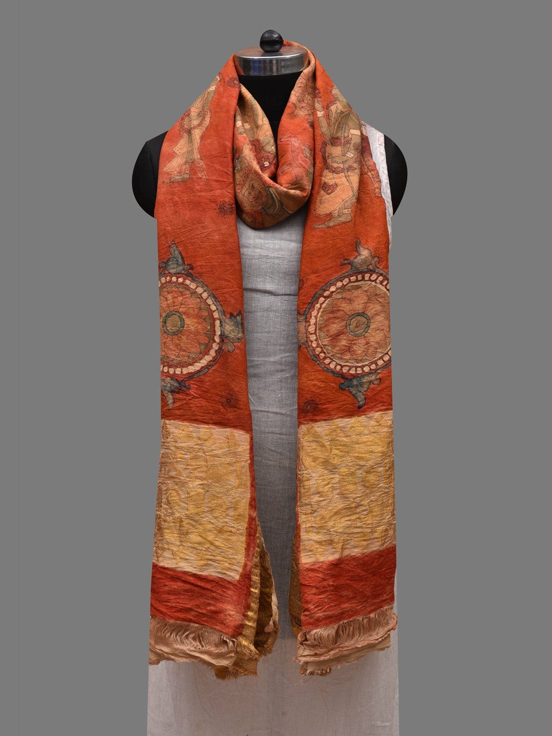 Red Kalamkari Hand Painted Kanchipuram Silk Handloom Dupatta with Dashavatar Design - Global Threads - Distacart