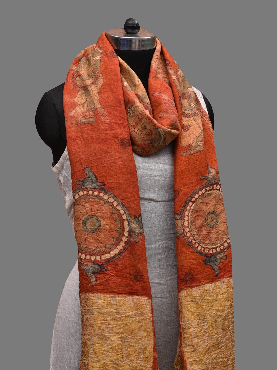 Red Kalamkari Hand Painted Kanchipuram Silk Handloom Dupatta with Dashavatar Design - Global Threads - Distacart
