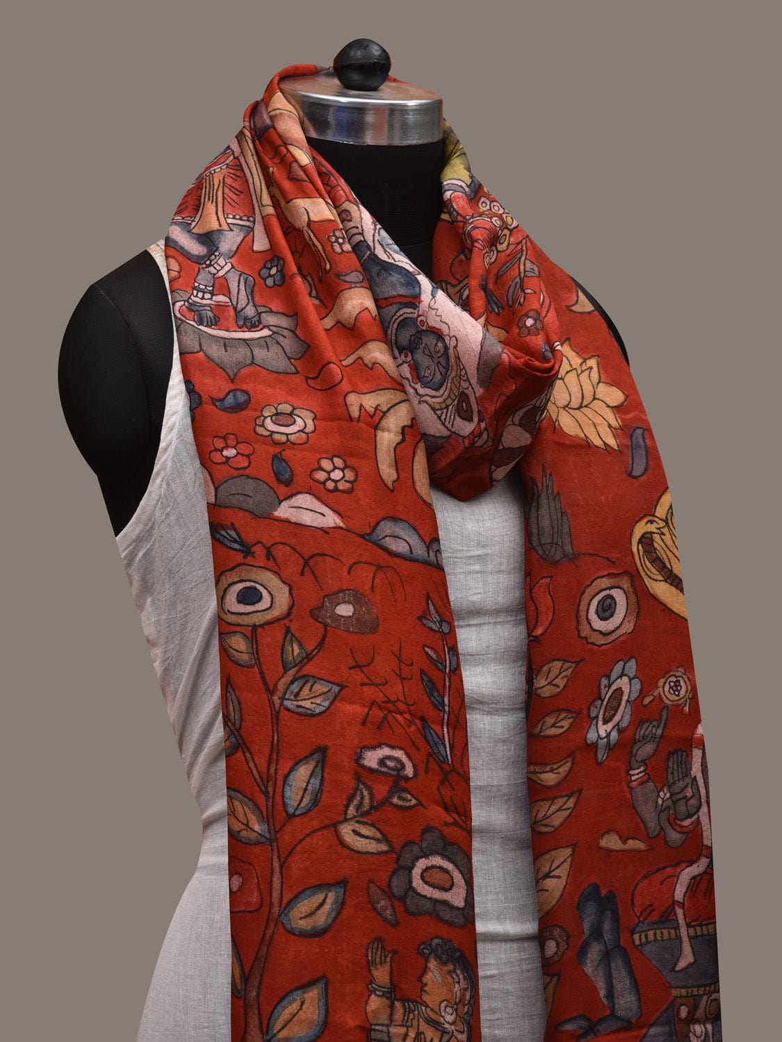 Red Kalamkari Hand Painted Kanchipuram Silk Handloom Dupatta with Dashavatar Design - Global Threads - Distacart