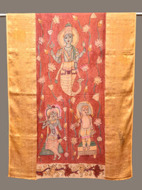 Thumbnail for Red Kalamkari Hand Painted Kanchipuram Silk Handloom Dupatta with Lotus and God Design - Global Threads - Distacart