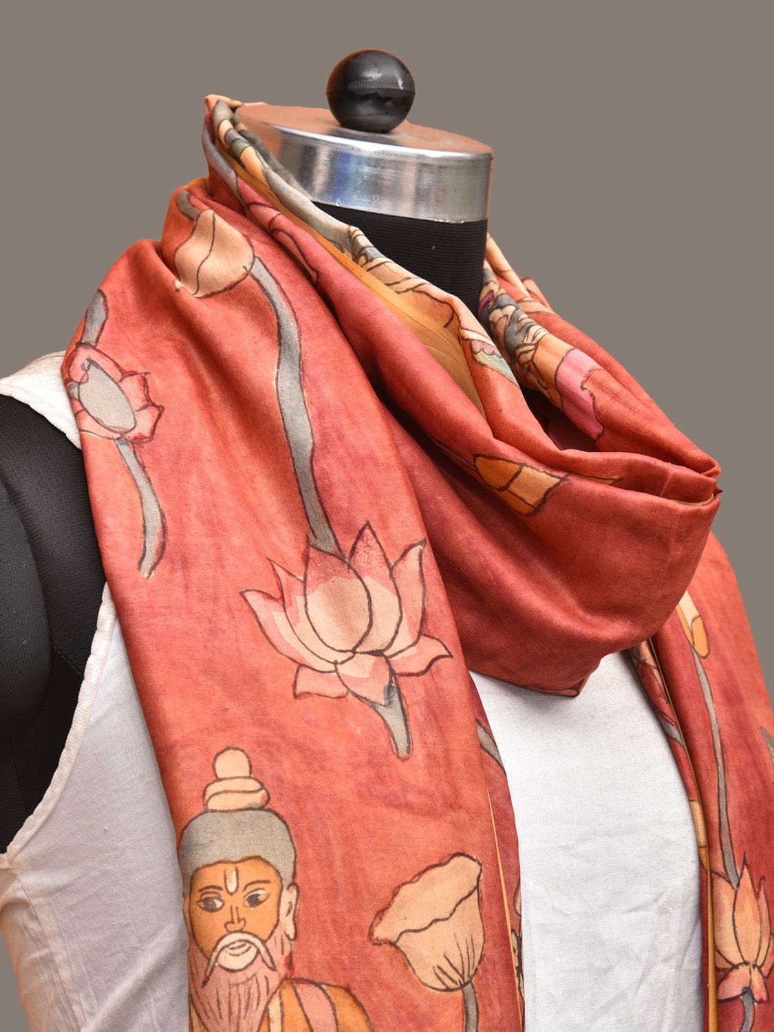 Red Kalamkari Hand Painted Kanchipuram Silk Handloom Dupatta with Lotus and God Design - Global Threads - Distacart