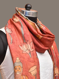 Thumbnail for Red Kalamkari Hand Painted Kanchipuram Silk Handloom Dupatta with Lotus and God Design - Global Threads - Distacart